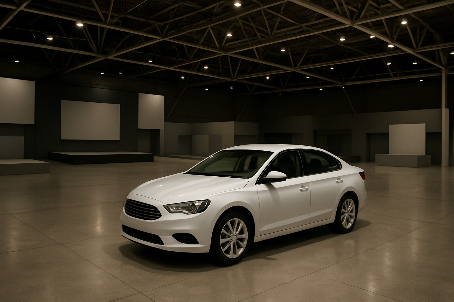 A white sedan parked in a large, empty, dimly lit exhibition hall with gray display platforms and exposed ceiling beams