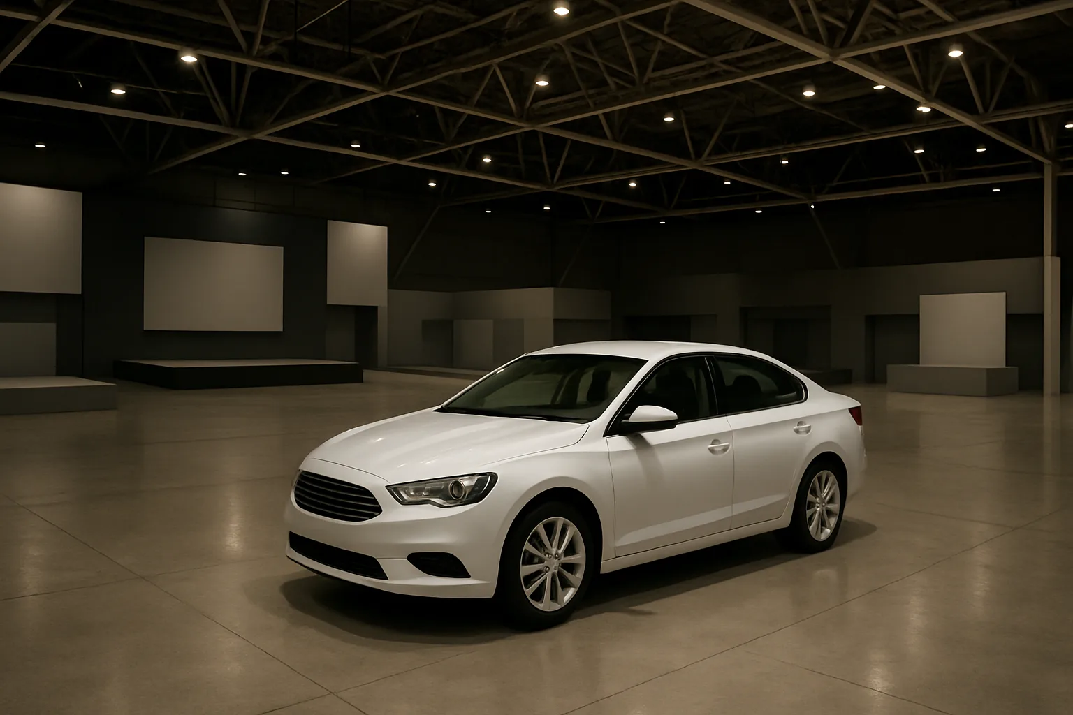 A white sedan parked in a large, empty, dimly lit exhibition hall with gray display platforms and exposed ceiling beams