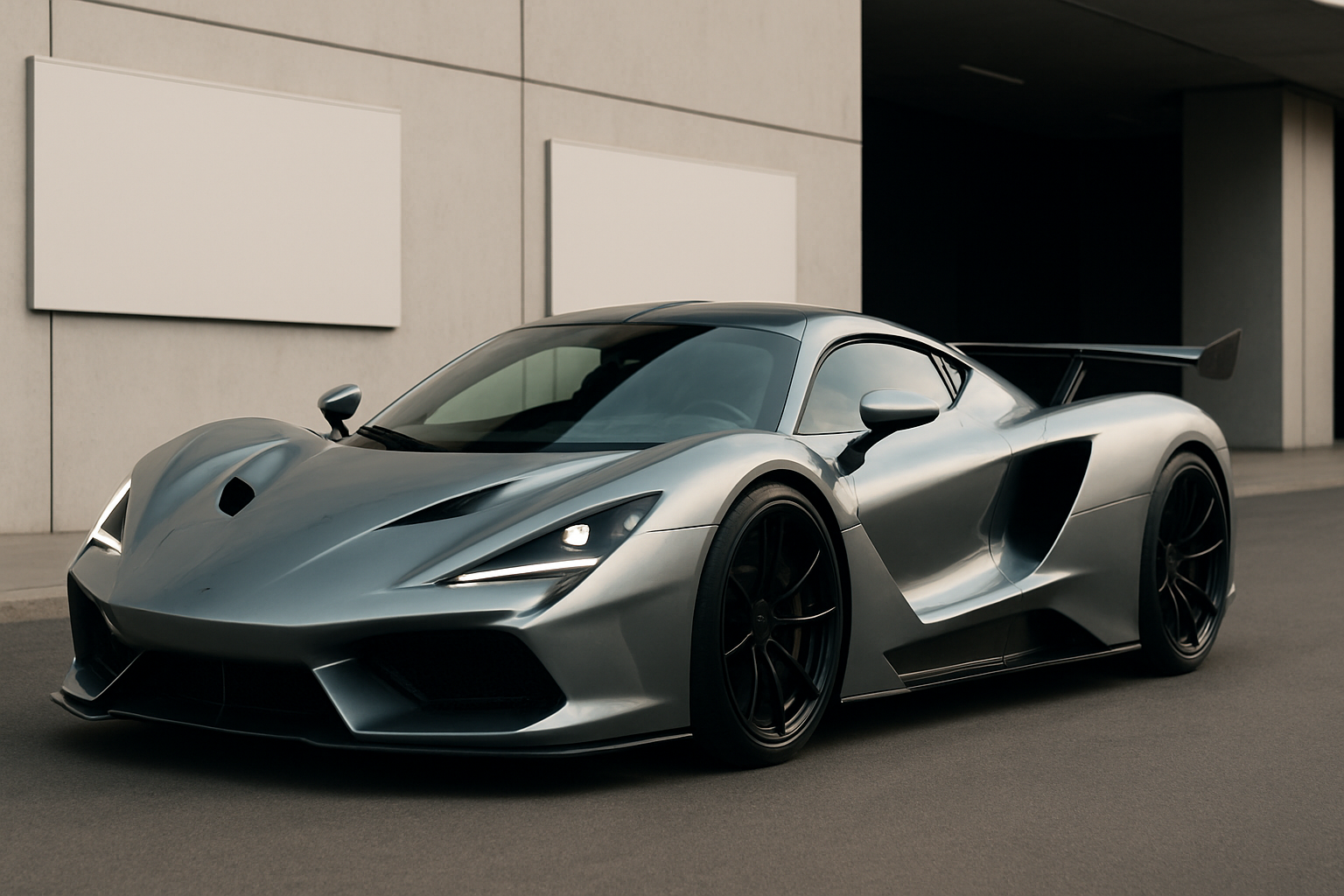 Matte silver-grey concept car with sharp aerodynamic lines and black accents parked beside a modern concrete building