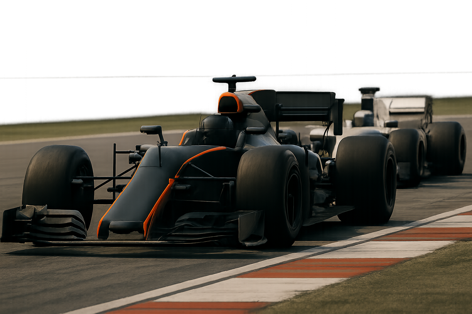 Three black and orange open-wheel race cars driving closely together on a racetrack with a blurred background