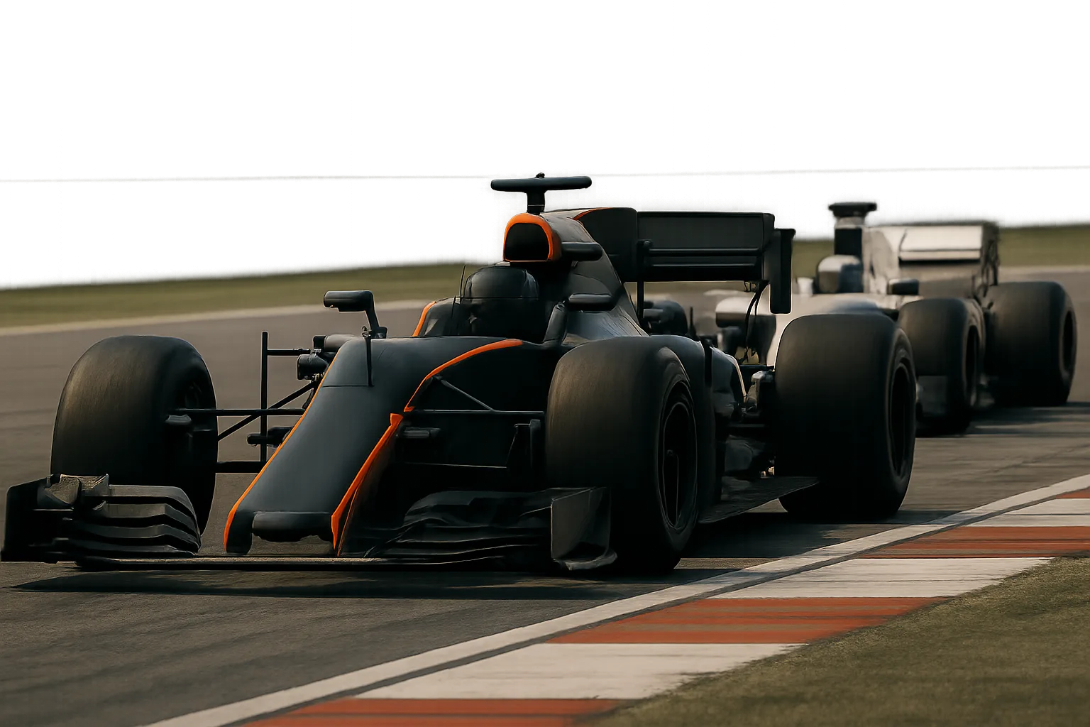 Three black and orange open-wheel race cars driving closely together on a racetrack with a blurred background