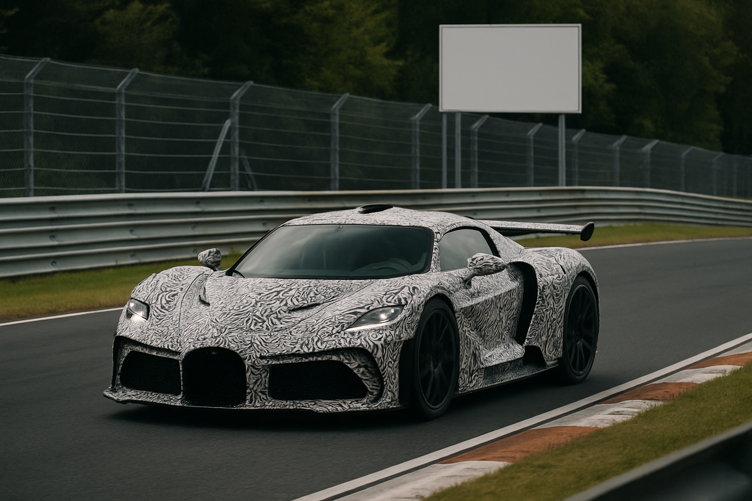 A low, wide sports car with swirling black-and-white camouflage wraps drives on a curving racetrack bordered by greenery