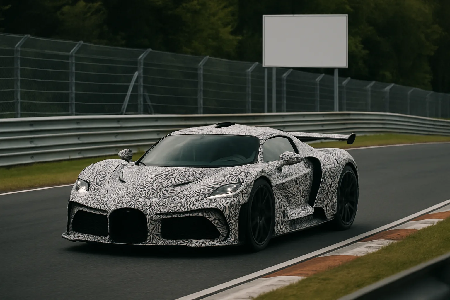 A low, wide sports car with swirling black-and-white camouflage wraps drives on a curving racetrack bordered by greenery