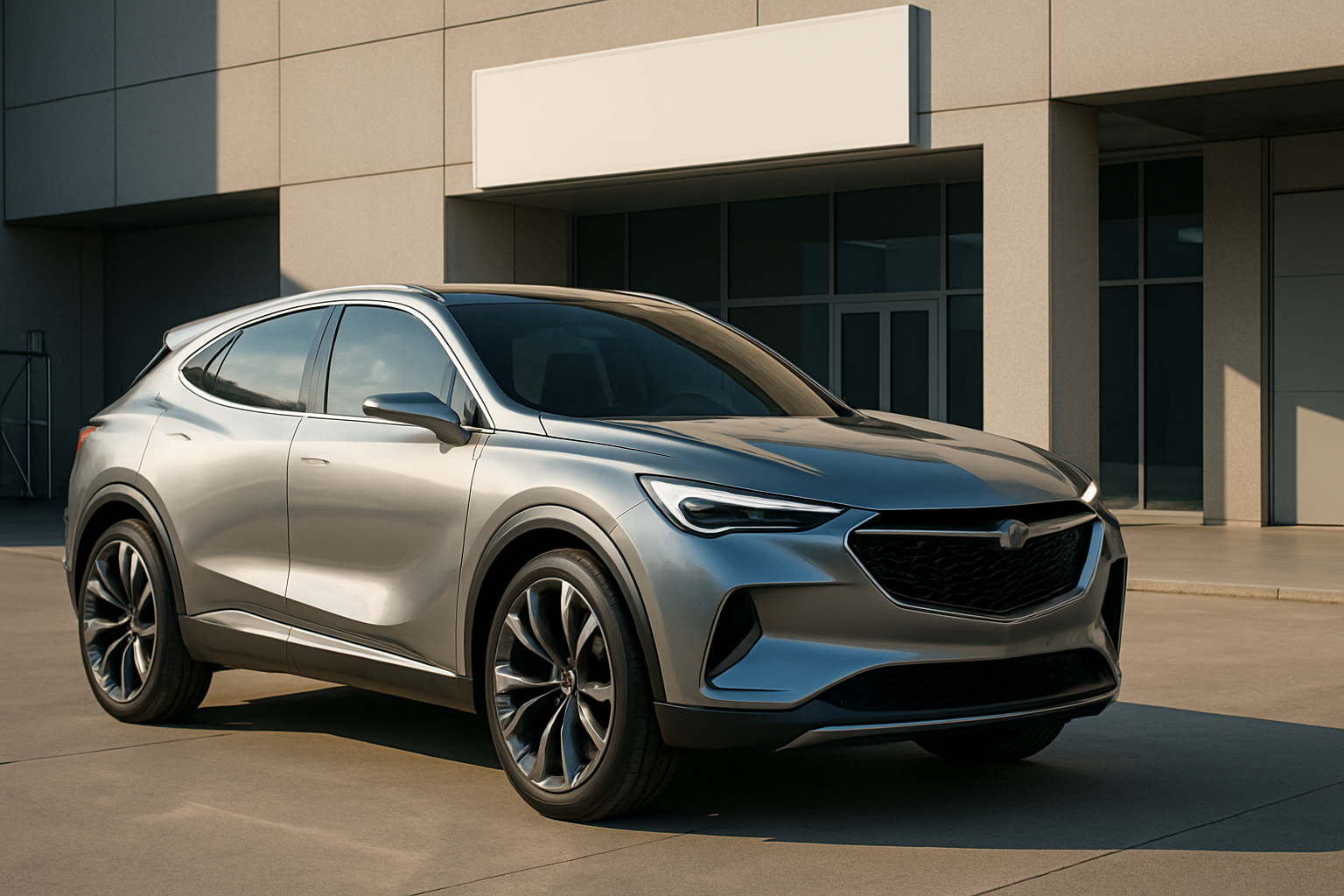 Sleek silver crossover SUV with sharp contours and dark tinted windows parked on sunlit concrete outside a modern building