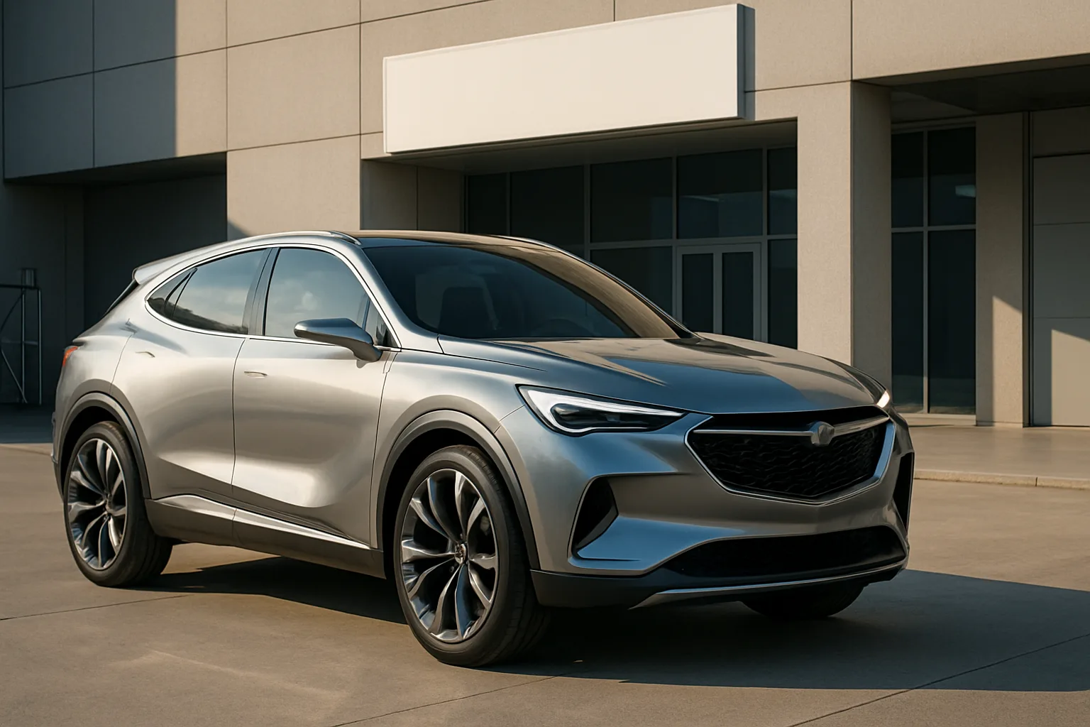Sleek silver crossover SUV with sharp contours and dark tinted windows parked on sunlit concrete outside a modern building