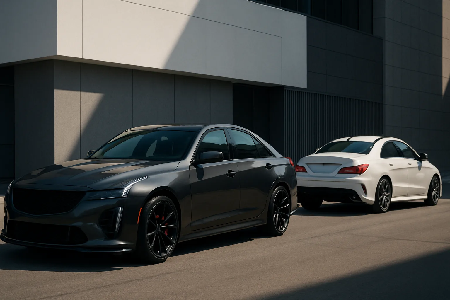 Two sleek, modern sedans—one matte dark grey, one glossy white—parked outside a contemporary building in daylight