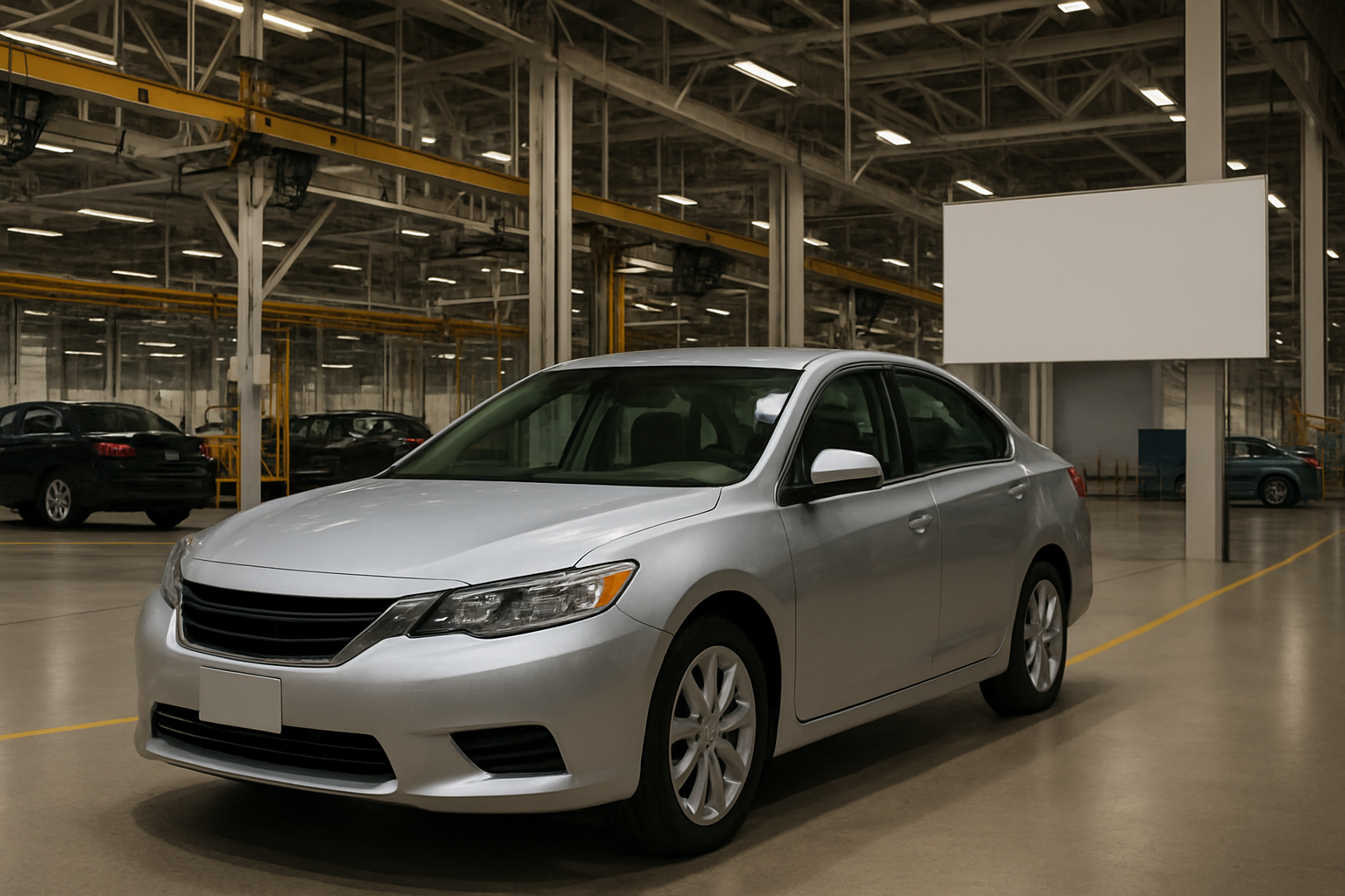 Silver sedan parked inside a spacious, brightly lit industrial facility with concrete floors and exposed beams