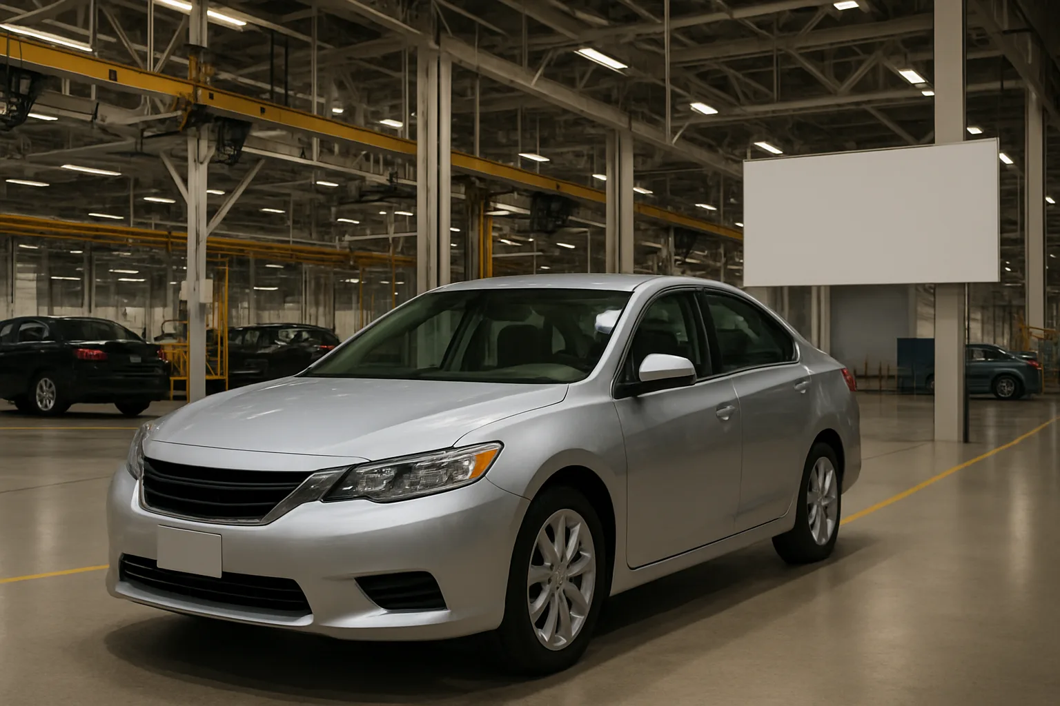 Silver sedan parked inside a spacious, brightly lit industrial facility with concrete floors and exposed beams