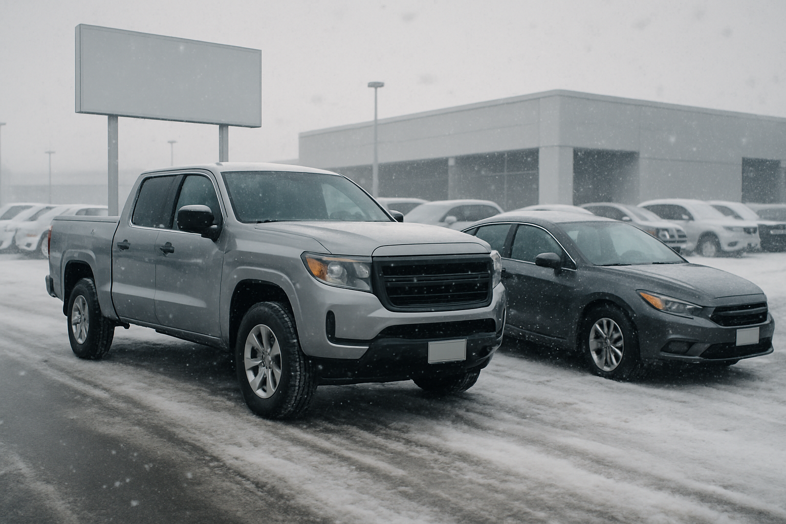 Two vehicles parked on a snowy dealership lot under overcast skies, flanked by rows of cars and blank signs
