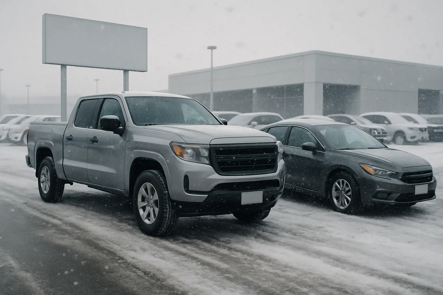 Two vehicles parked on a snowy dealership lot under overcast skies, flanked by rows of cars and blank signs