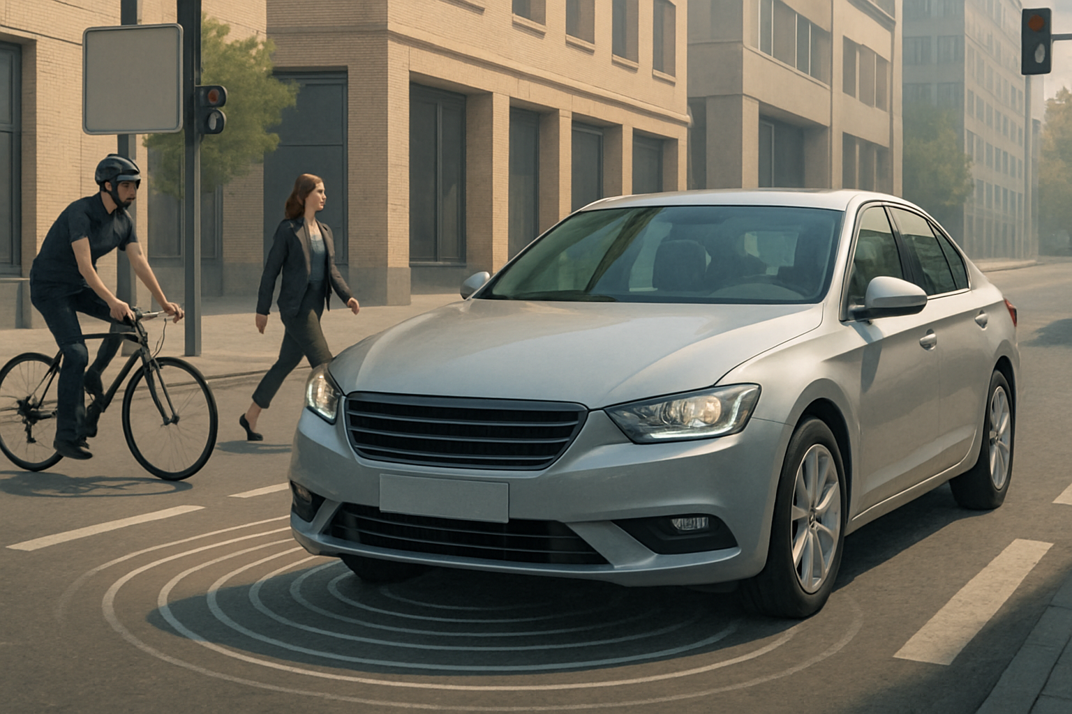Silver car at a city crosswalk with detection rings, cyclist and pedestrian approaching from opposite sides
