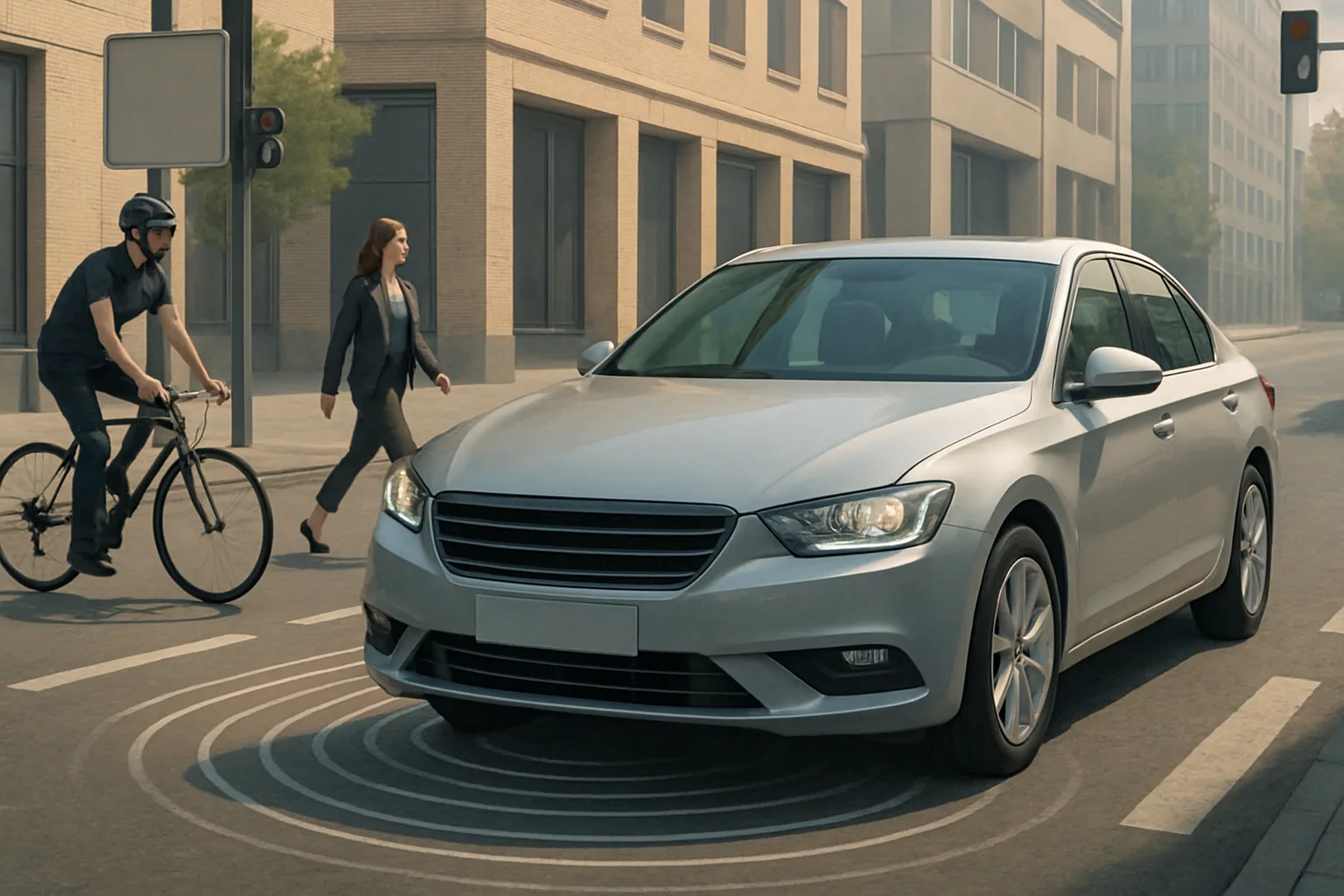 Silver car at a city crosswalk with detection rings, cyclist and pedestrian approaching from opposite sides