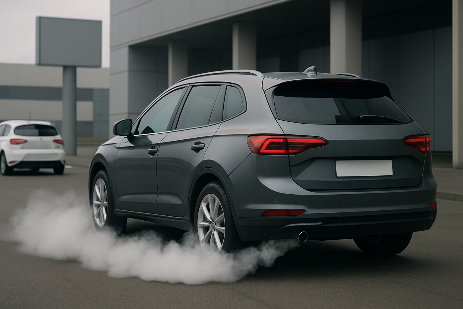 Grey SUV emitting white exhaust smoke on an overcast day, parked on an empty urban street with modern buildings