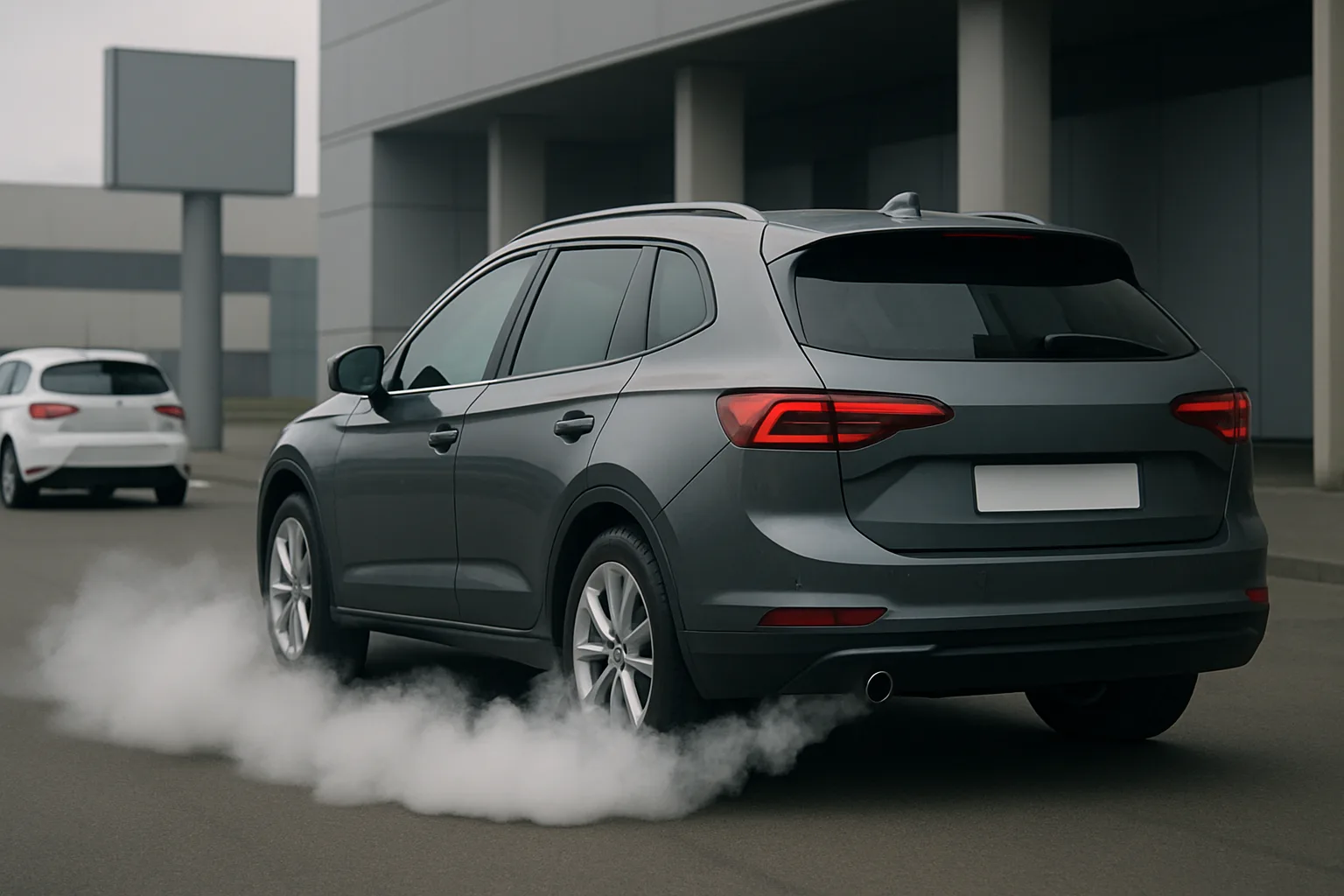Grey SUV emitting white exhaust smoke on an overcast day, parked on an empty urban street with modern buildings
