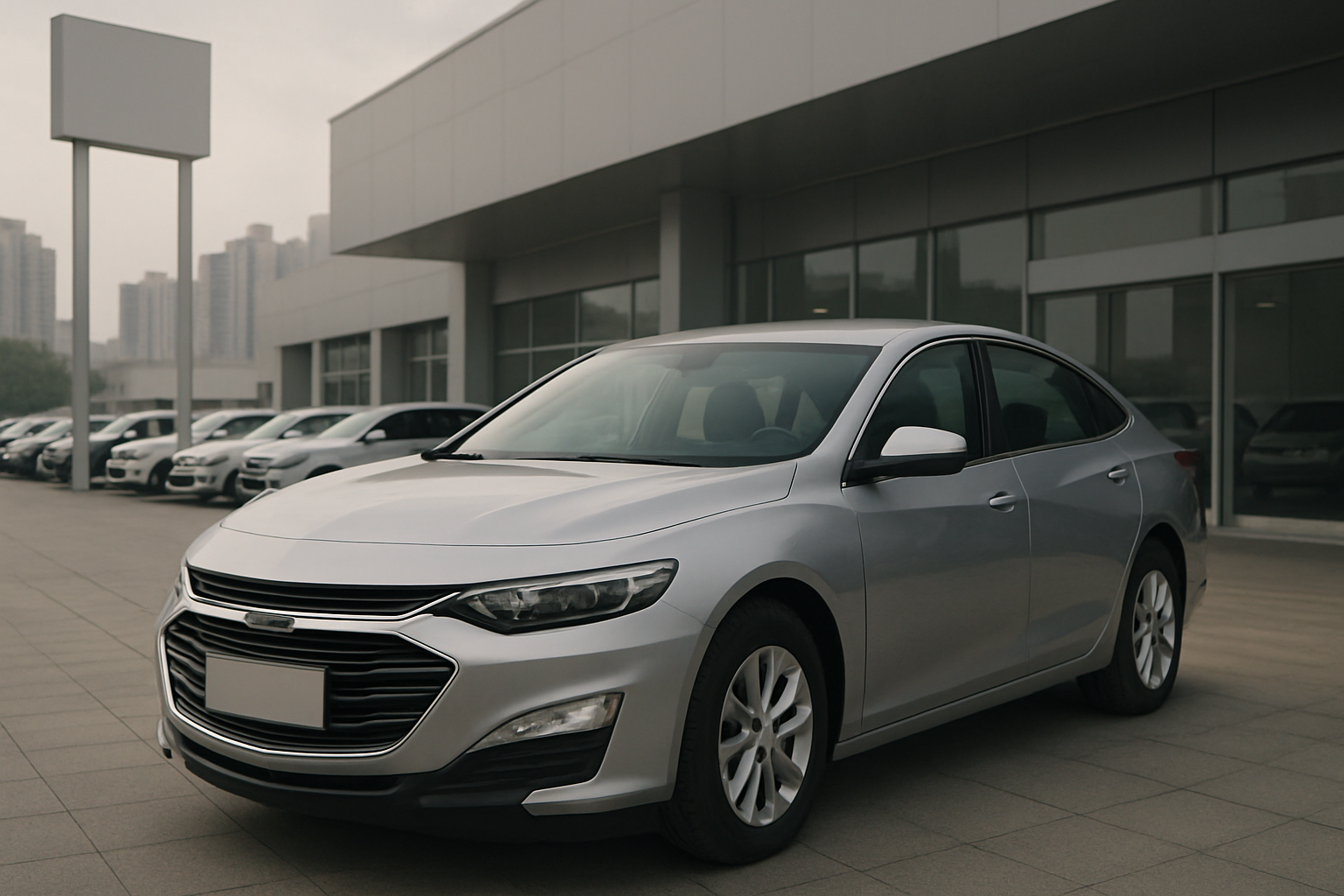 A silver sedan parked outside a modern dealership with glass windows, blank signboards and several cars lined up in the background