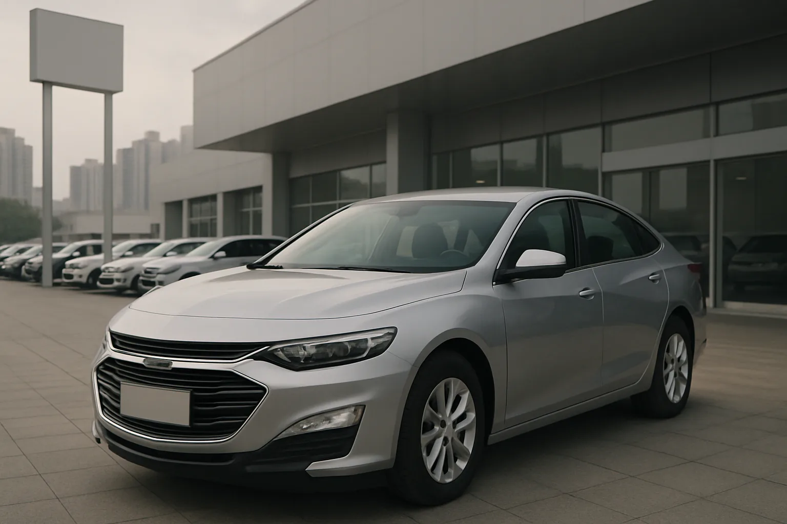 A silver sedan parked outside a modern dealership with glass windows, blank signboards and several cars lined up in the background