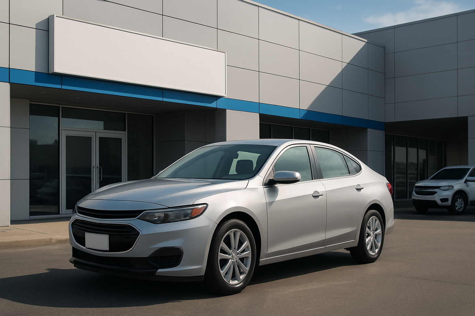 Silver sedan parked outside a modern dealership building with gray panels, blue accents and empty sign, under clear daylight