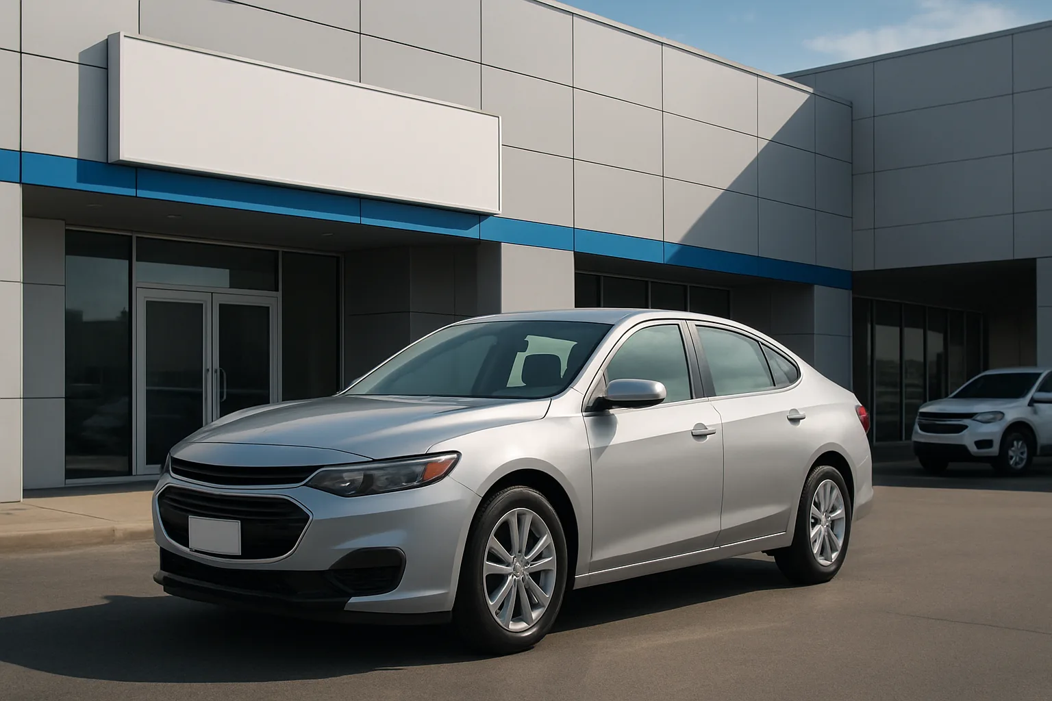 Silver sedan parked outside a modern dealership building with gray panels, blue accents and empty sign, under clear daylight