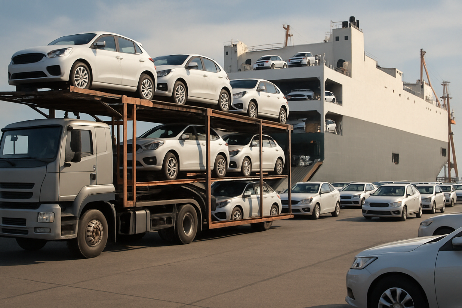 White cars are stacked on a lorry beside a row of similar cars and a large cargo ship in bright daylight