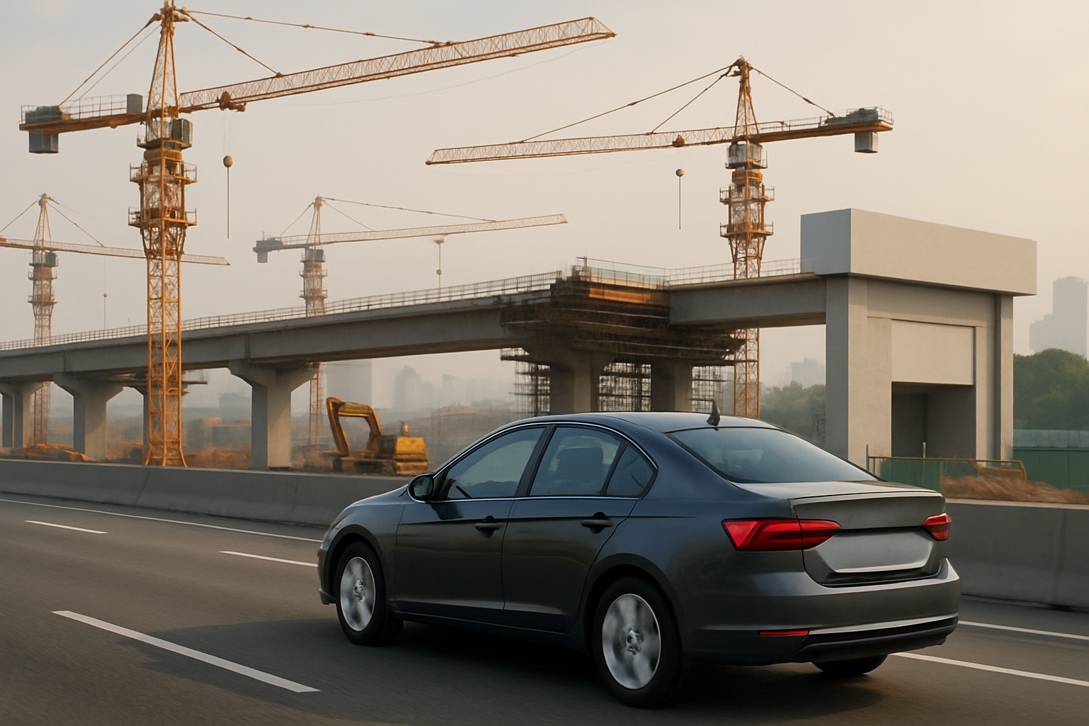 Dark sedan driving on a wide highway past large yellow cranes and unfinished concrete overpasses in hazy daylight
