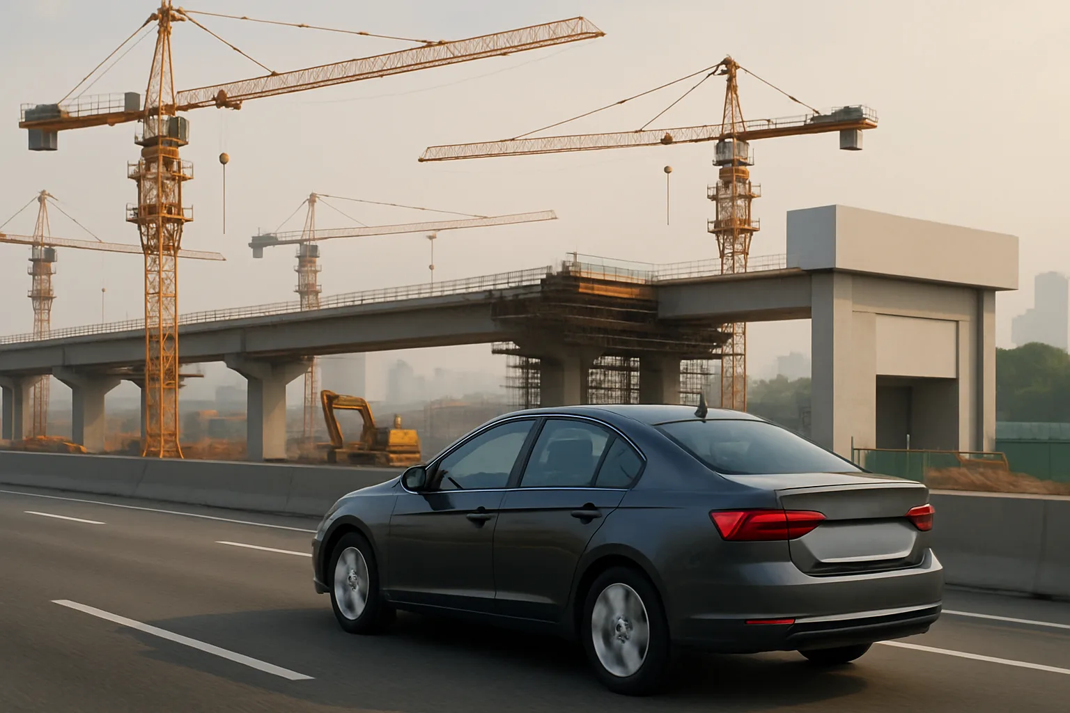Dark sedan driving on a wide highway past large yellow cranes and unfinished concrete overpasses in hazy daylight