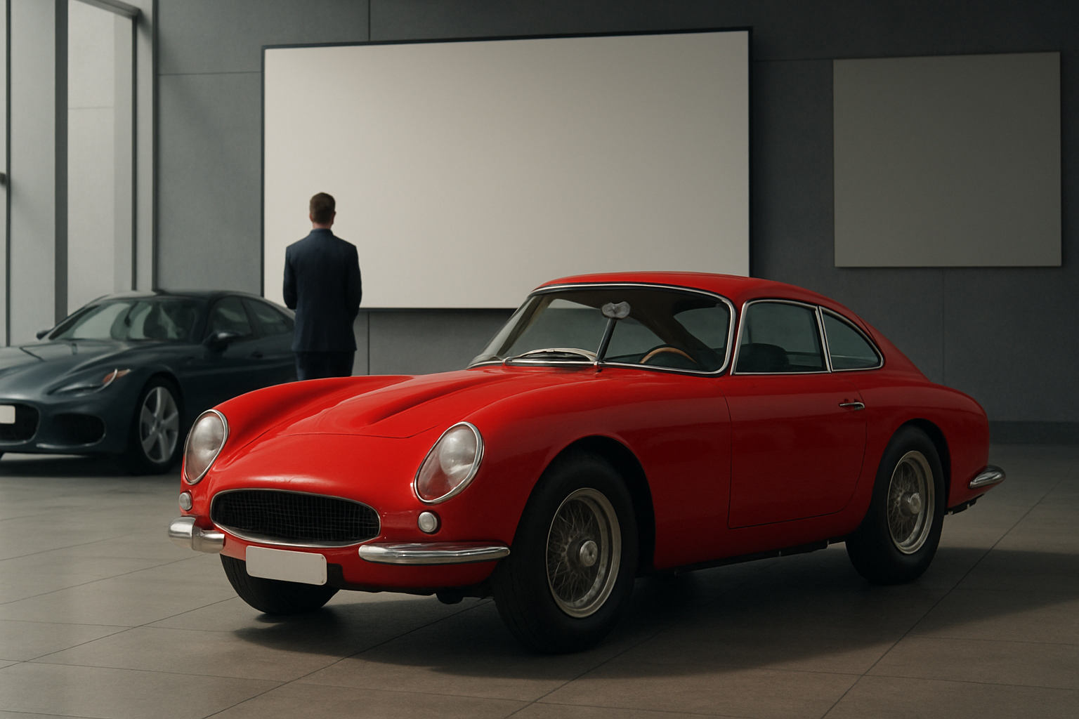A shiny red classic coupe with chrome details parked indoors, a dark sports car and a man in a suit in the background