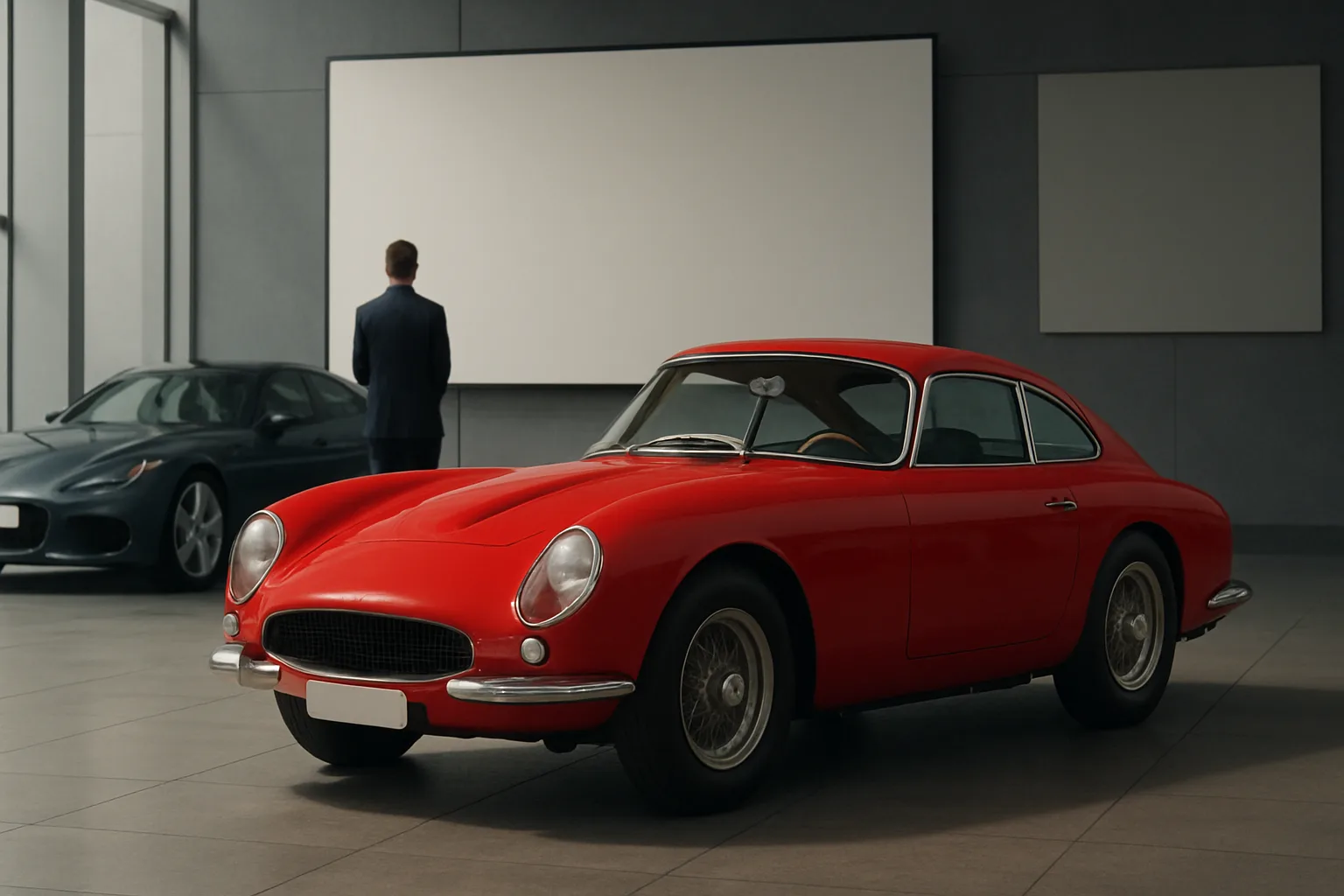 A shiny red classic coupe with chrome details parked indoors, a dark sports car and a man in a suit in the background