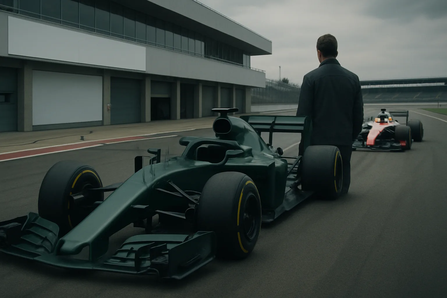 A person in dark clothing stands on a racetrack beside a matte green race car, with another car in the distance under grey skies