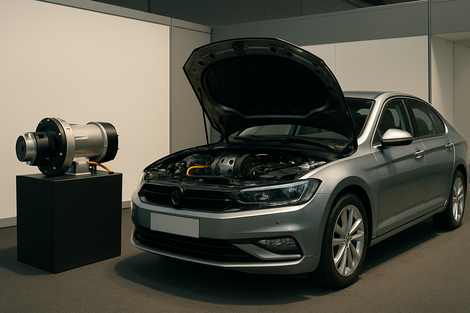 Silver car with open bonnet in a showroom, next to a large metallic mechanical device on a black pedestal