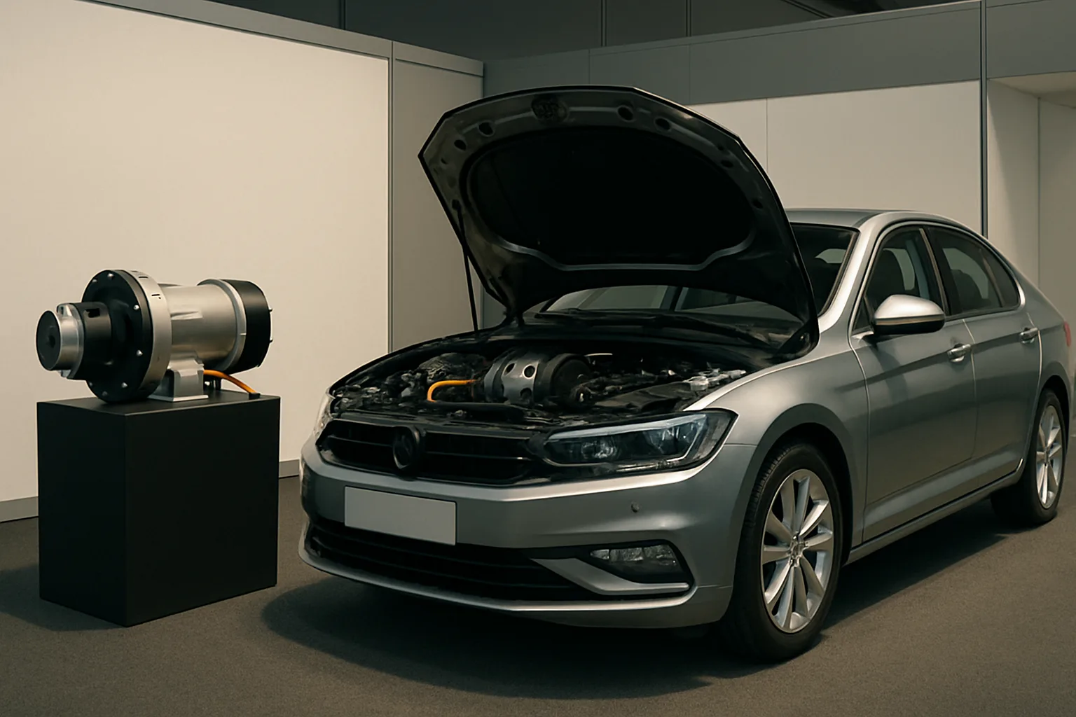 Silver car with open bonnet in a showroom, next to a large metallic mechanical device on a black pedestal