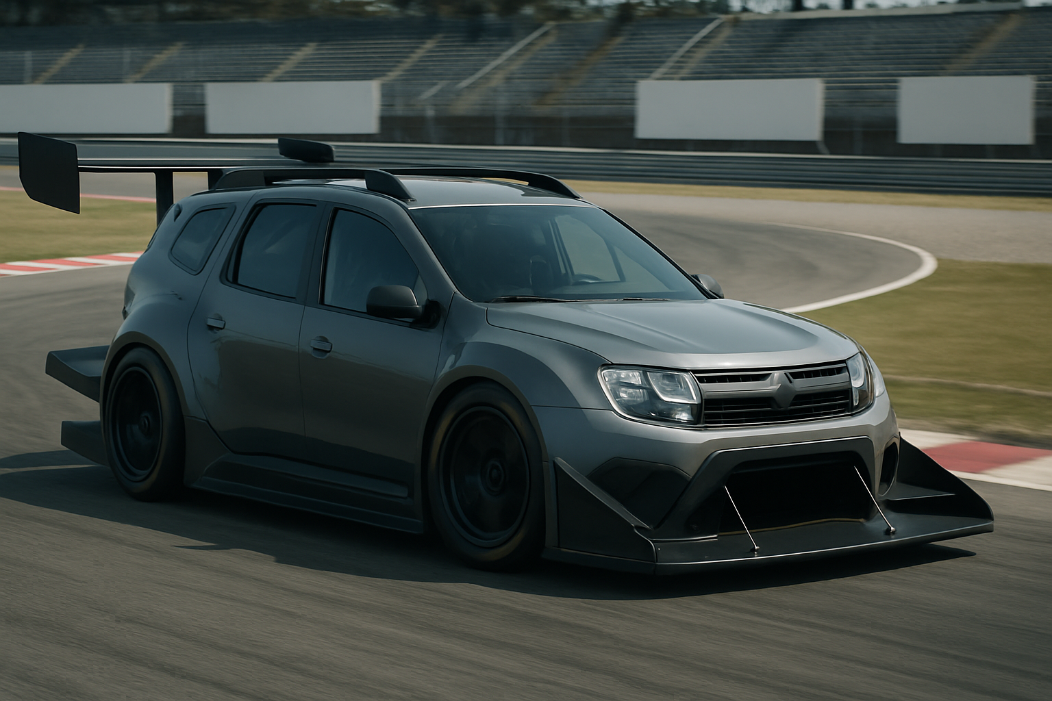 Matte grey racing car with wide fenders, large rear wing and splitters driving on a track under daylight