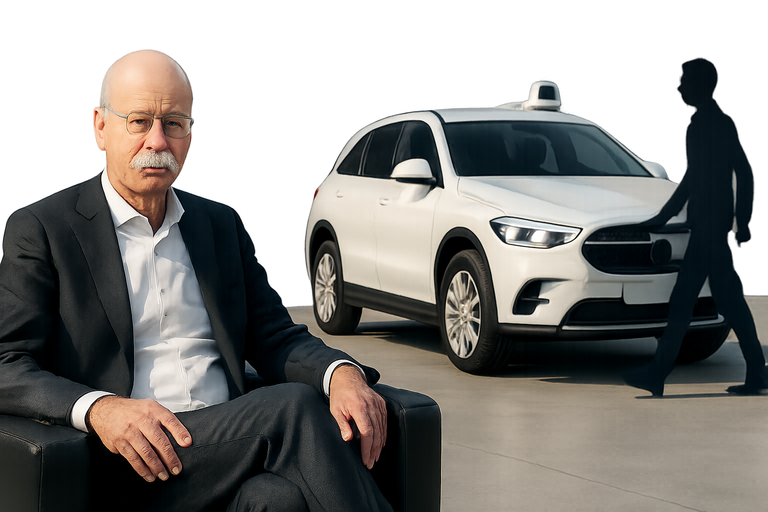 Bald man in a dark suit sits in an armchair beside a white SUV with a roof sensor and a silhouetted figure walking past