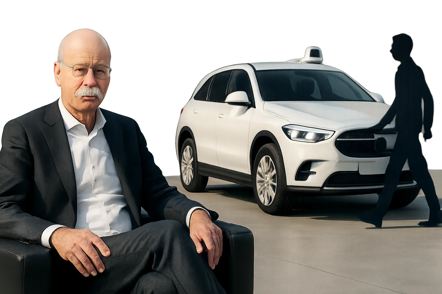 Bald man in a dark suit sits in an armchair beside a white SUV with a roof sensor and a silhouetted figure walking past