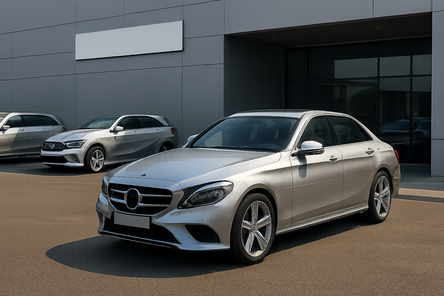 A silver sedan with sleek lines parked on sunlit asphalt, with two more cars and a modern gray building in the background