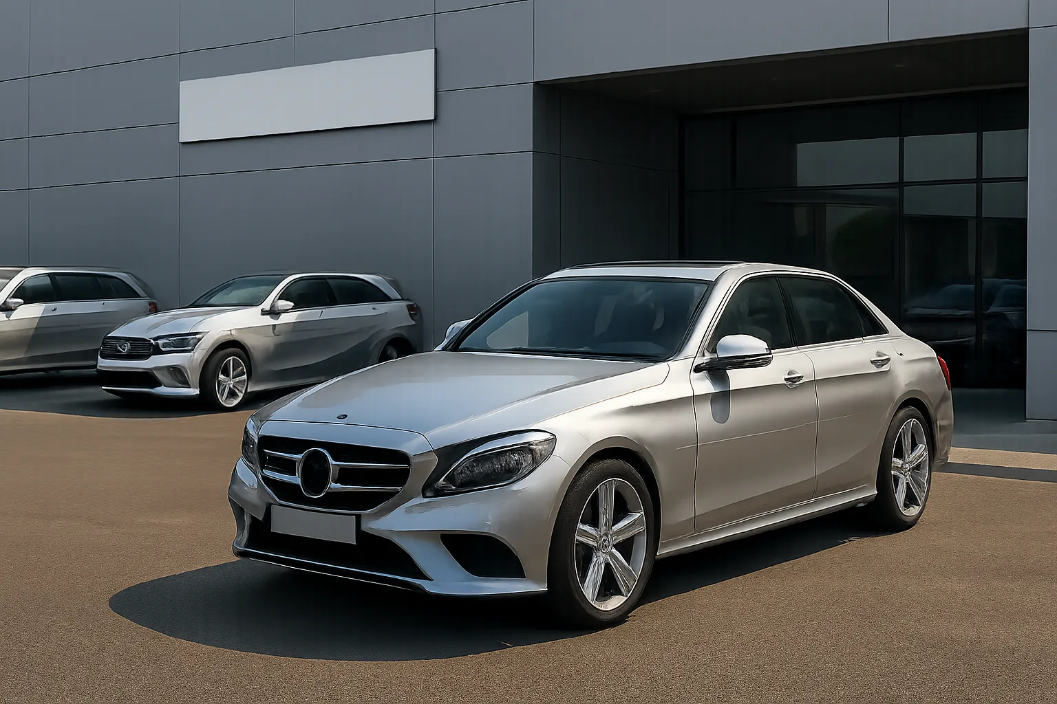 A silver sedan with sleek lines parked on sunlit asphalt, with two more cars and a modern gray building in the background