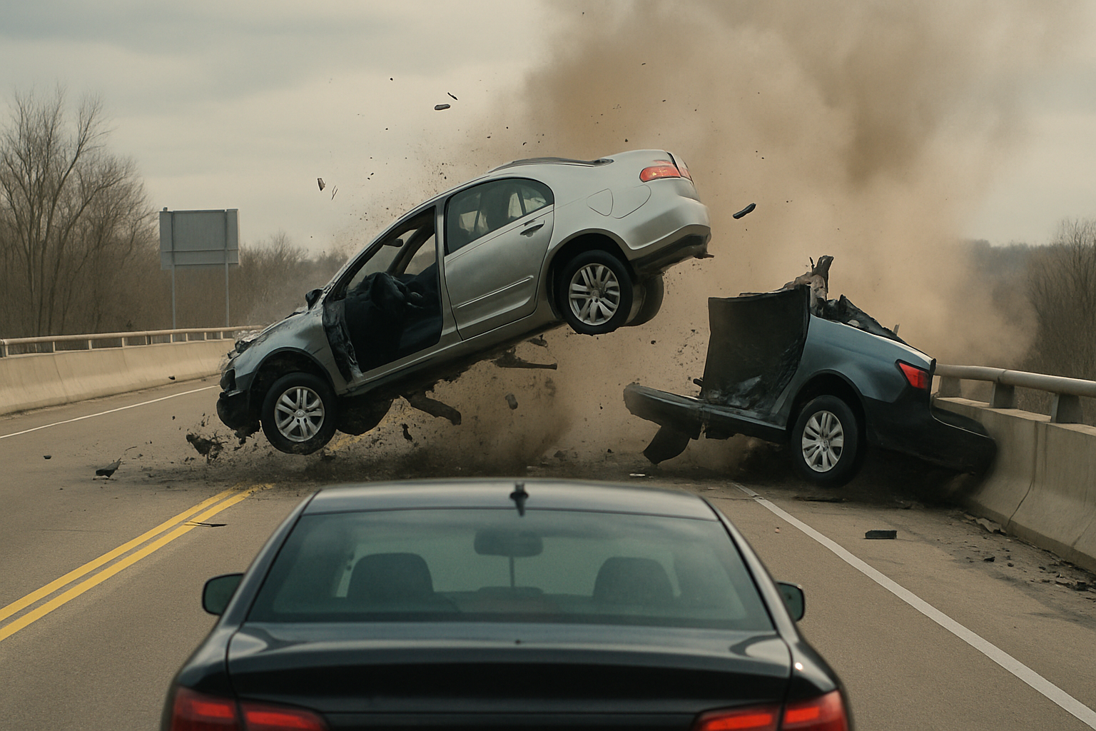 A silver car splits in mid-air against a concrete barrier, scattering debris as a black car approaches on an empty overpass