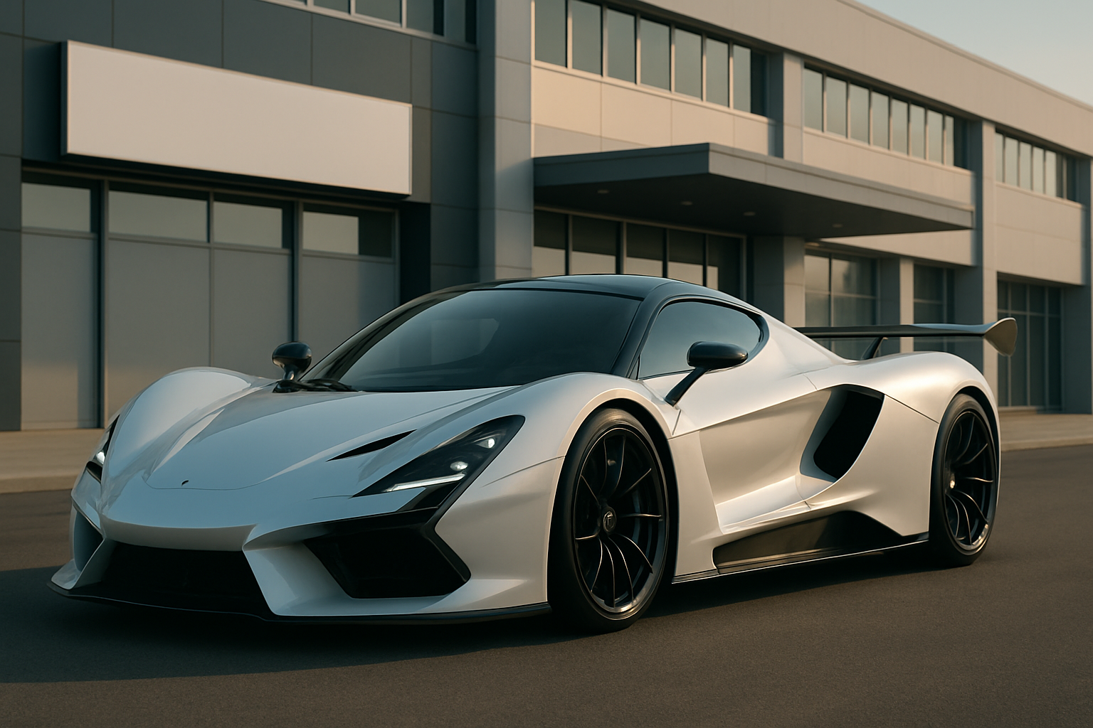 Low, wide silver sports car with sharp lines, black wheels and dramatic headlights parked before a modern glass building