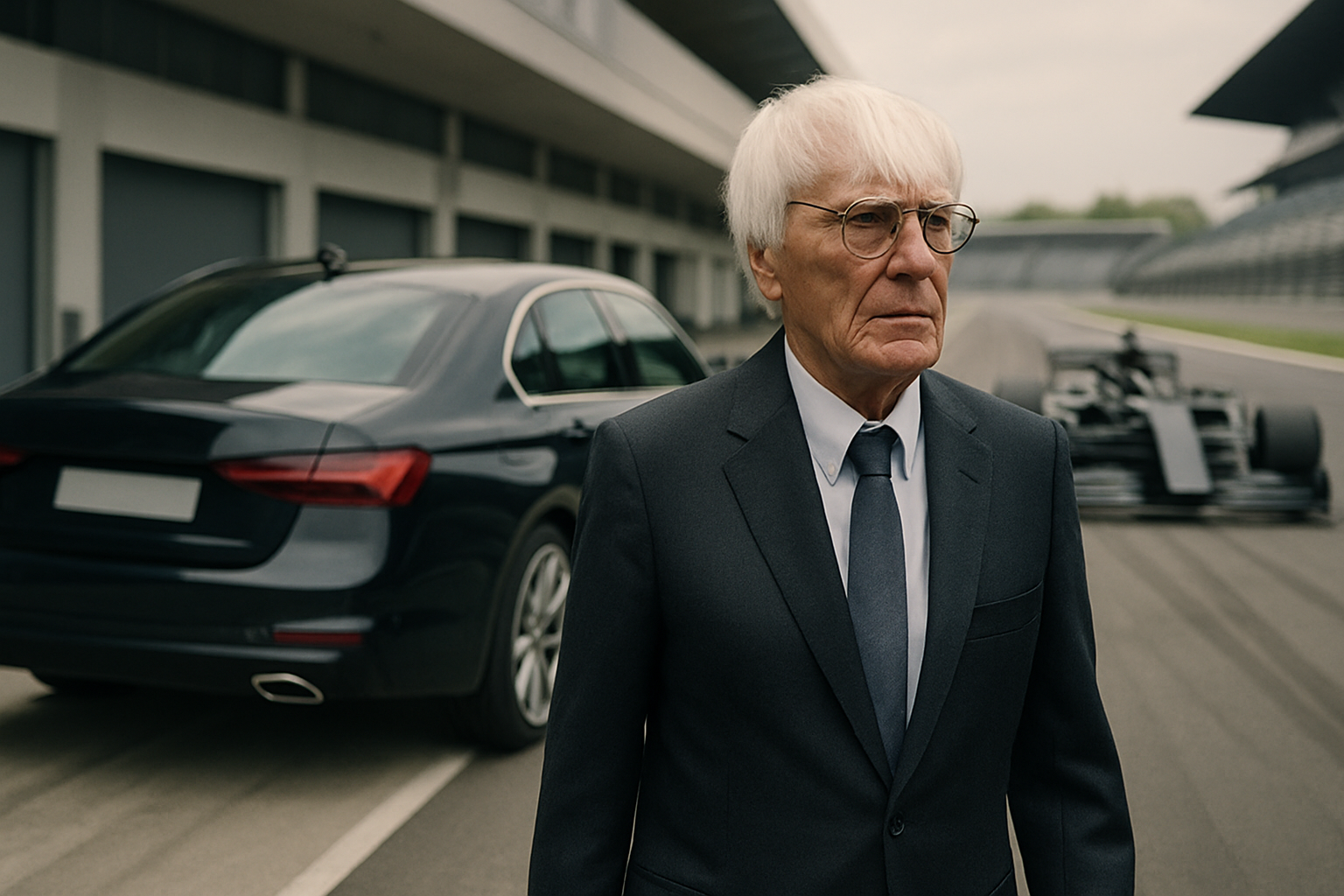 Elderly man in a dark suit stands on a racetrack beside a black sedan with a blurred race car in the background
