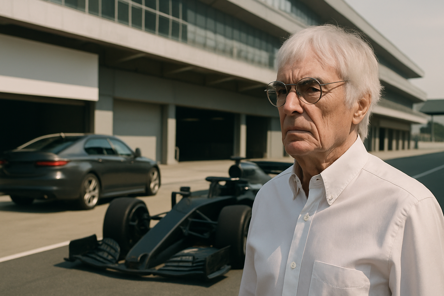 Older man with white hair and glasses stands on a racetrack near a black race car and a grey sedan, with garages behind