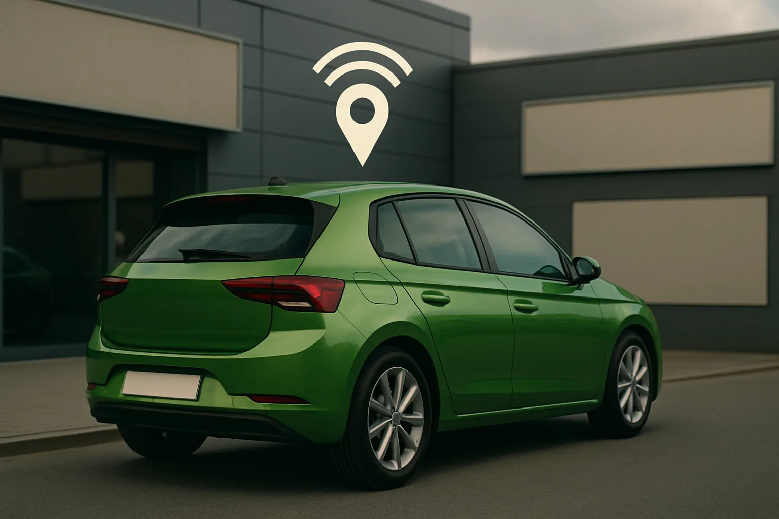 A bright green hatchback car parked outside a modern grey building with a GPS location icon above the roof