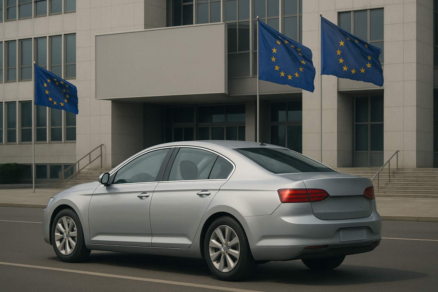 Silver sedan parked on a city street with three European Union flags and a modern grey building in the background
