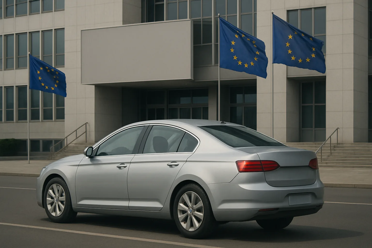 Silver sedan parked on a city street with three European Union flags and a modern grey building in the background