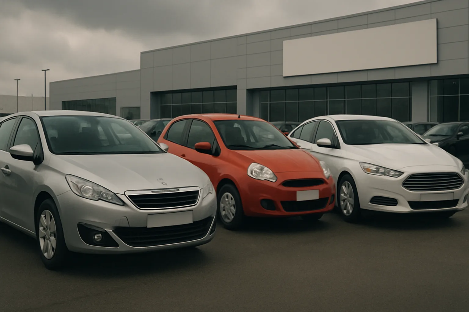 Three parked cars—a silver sedan, a red hatchback, and a white sedan—stand outside a modern glass-fronted building