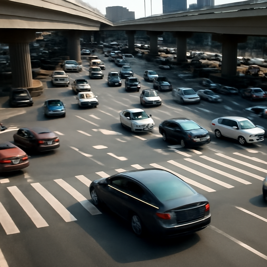 Multiple lanes of cars of various colors moving through a large, busy urban road junction with overpasses above