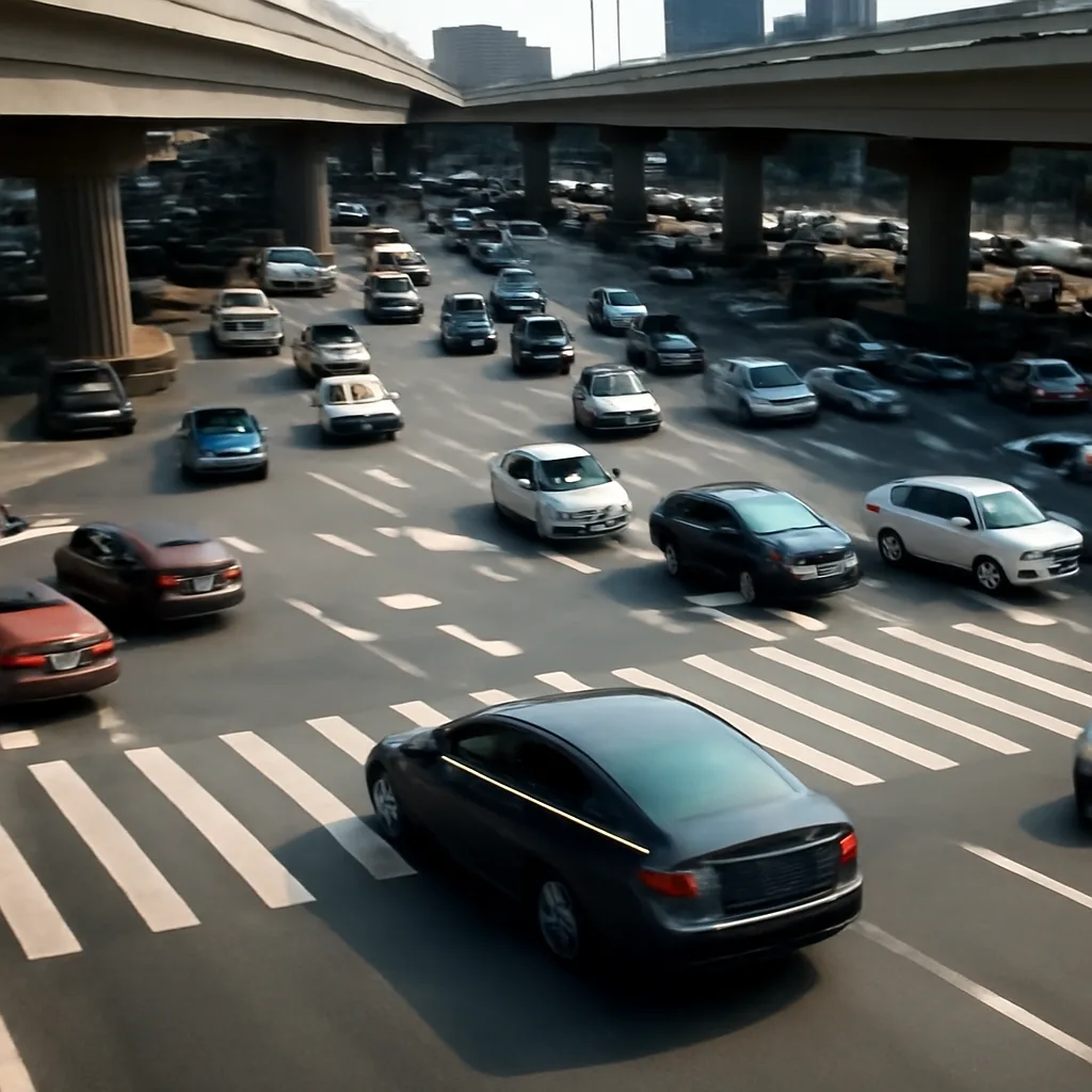 Multiple lanes of cars of various colors moving through a large, busy urban road junction with overpasses above