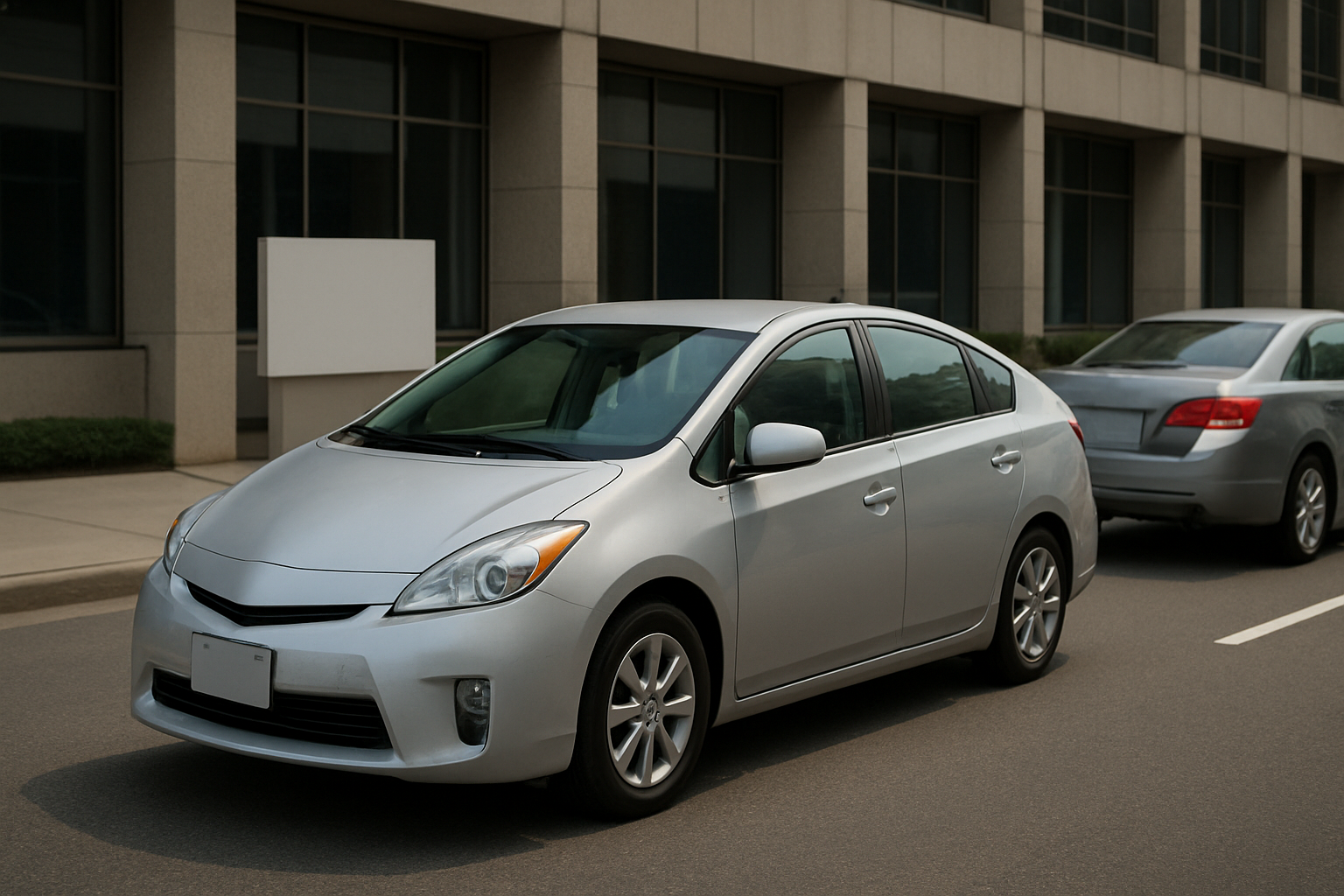 Silver car with smooth, rounded lines parked beside a gray sedan on a city street next to a beige office building