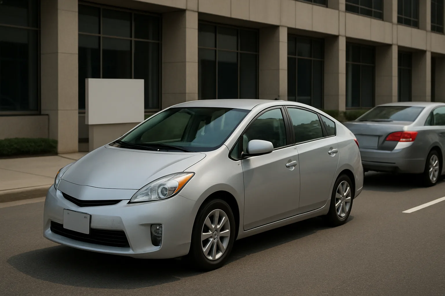 Silver car with smooth, rounded lines parked beside a gray sedan on a city street next to a beige office building