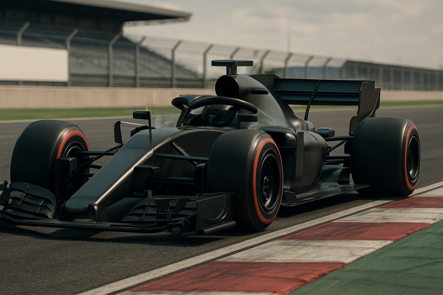 Sleek black racing car with wide tires and angular wings on a sunlit track next to red and white curbs