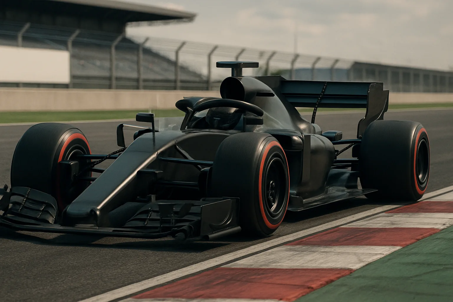 Sleek black racing car with wide tires and angular wings on a sunlit track next to red and white curbs