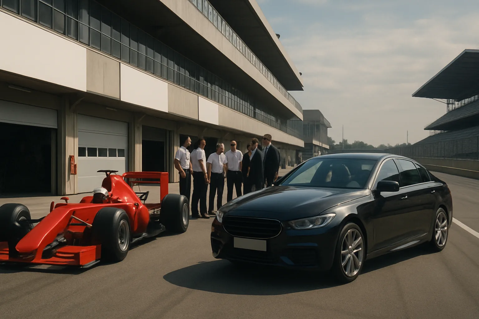Red single-seater race car and black sedan parked on a sunlit pit lane with seven people gathered nearby in conversation